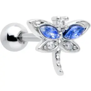 Cercel de cartilaj/tragus din oțel chirurgical, 16G, cu libelulă decorată cu zirconiu albastru